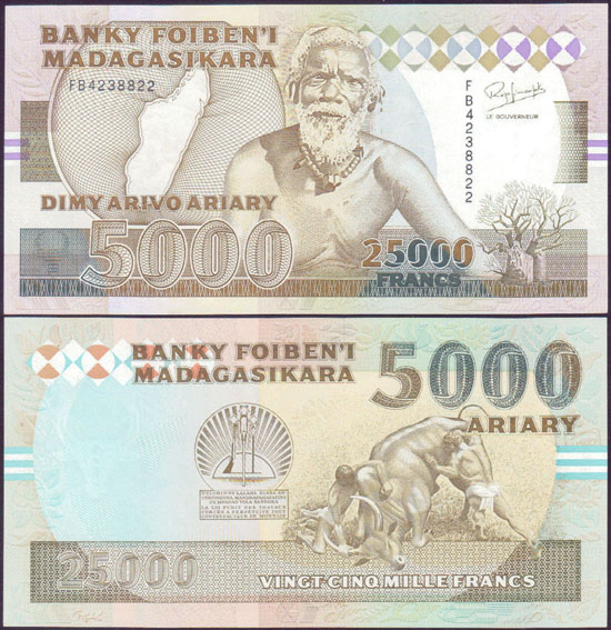 1988-94 Madagascar 25,000 Francs (Unc)